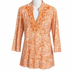 Peck & Peck Orange Paisley Embroidered Tunic Top 100% Cotton Boho Resort Style M